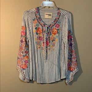 Savanna Jane Women's Striped Embroidered Pullover Long Sleeve Blouse SZ Small